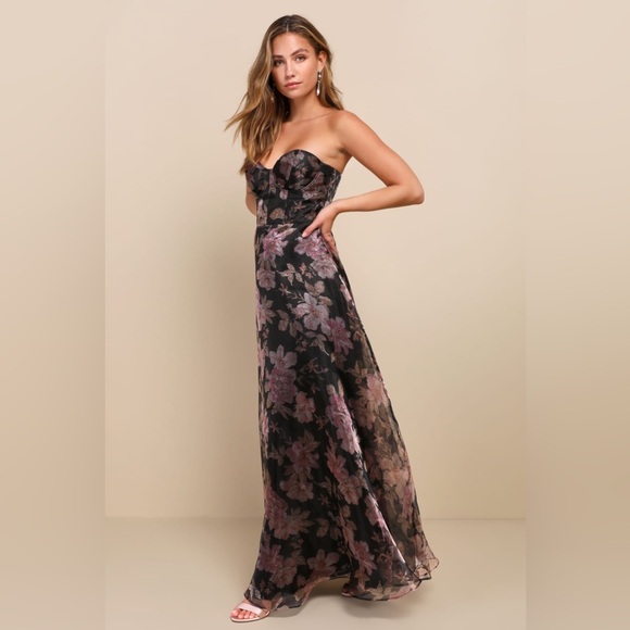 🆕 Lulu's Exclusive Glamour Black Pink Floral Organza Strapless Corset Maxi Dress - Picture 1 of 12